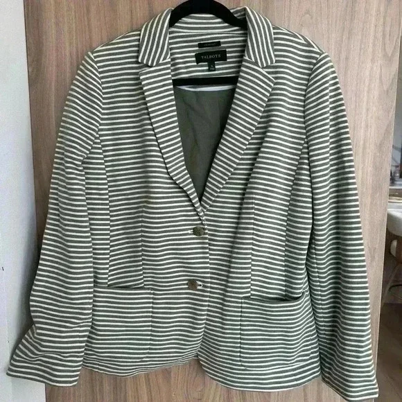 Talbots Aberdeen Knit STRIPE PIQUE Blazer green white size 16 like new - Picture 4 of 10